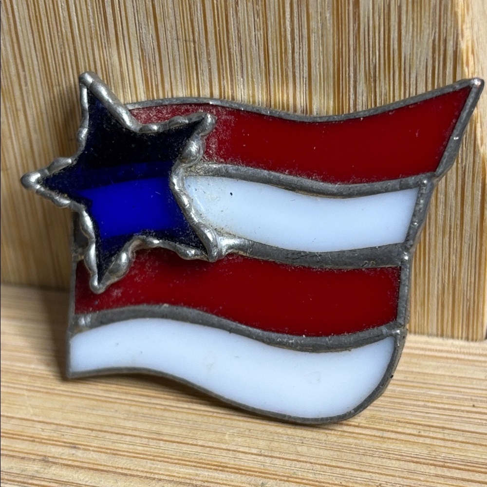 Vintage Stained Glass Patriotic Flag Pin Brooch with Star - Picture 2 of 5